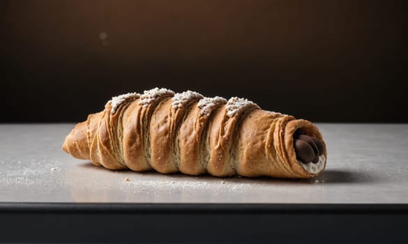 A freshly baked croissant filled with chocolate and cream sits on a lightly dusted white surface. The pastry has a golden-brown crust and is dusted with powdered sugar.