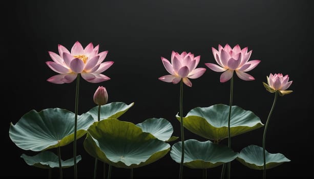 A group of five lotus flowers stand tall and proud against a black background, some in full bloom and others in bud.