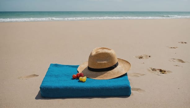 A straw hat lies on a blue towel on a sandy beach. The beach is empty, and the ocean is visible in the distance.