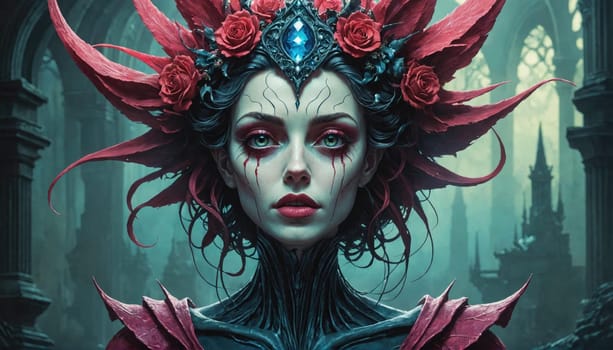 The image depicts a woman with dark hair and striking makeup, adorned with a crown of roses. She appears to be standing in front of a gothic castle, with a background of faded teal hues.