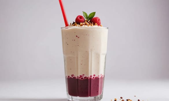 a lighter creamy color on top and a dark red color on the bottom. A few sprinkles of nuts are scattered on the surface underneath the glass.