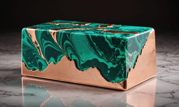 A rectangular object with a marbled green surface and copper trim rests on a polished marble surface. The object reflects in the shiny surface.