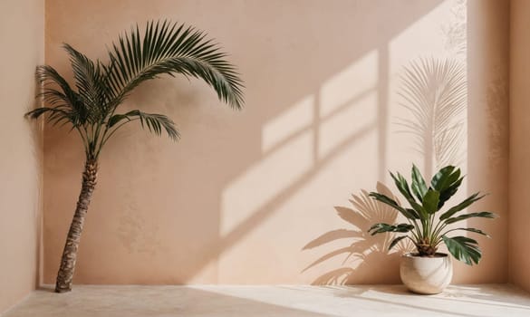 Two potted plants, one a palm tree and one with large leaves, are placed in the corner of a room with a beige wall. Sunlight shines through a window, casting shadows of the plants on the wall.