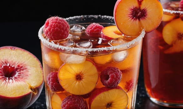 A glass filled with iced tea, peach slices, raspberries, and ice. The glass has a sugared rim.