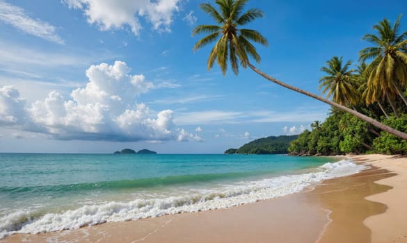 A palm tree leans over a beautiful beach with turquoise water and white sand. The sky is blue with white clouds, and there are green hills in the distance.