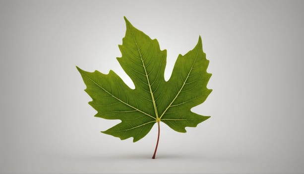 A green maple leaf with a long stem is shown in the foreground against a white background. The leaf is centered and angled slightly to the right. The leaf is slightly curled and its veins are visible.