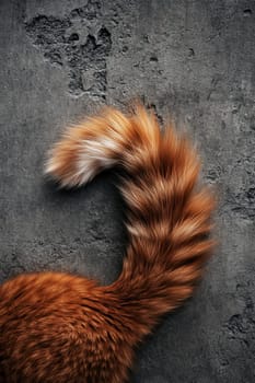 Ginger cat on a gray background, top view. Cat's tail. High quality photo