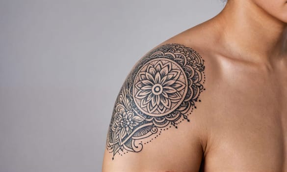 A person's shoulder with a black mandala tattoo. The tattoo is intricate and detailed, with a circular design in the center surrounded by smaller designs.