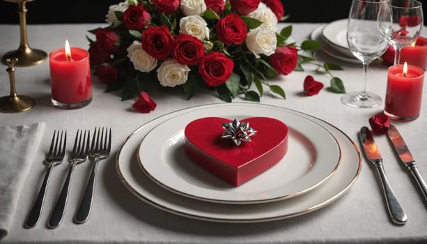 A white tablecloth is set with two place settings, each with a white plate, silverware, and a red candle. A bouquet of red and white roses sits in the center of the table.