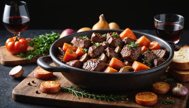 A skillet filled with a hearty beef stew, featuring tender beef cubes, sweet carrots, and earthy mushrooms.