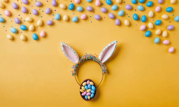 A pair of bunny ears headband with sprinkles is centered on a yellow background, facing upwards. Below the headband, a chocolate egg filled with colorful candy eggs sits on the background.