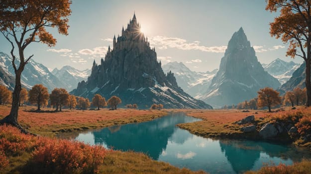 The image depicts a majestic castle situated on a mountain peak, overlooking a valley filled with a meandering river. The surrounding mountains are snow-capped, adding to the breathtaking scenery.