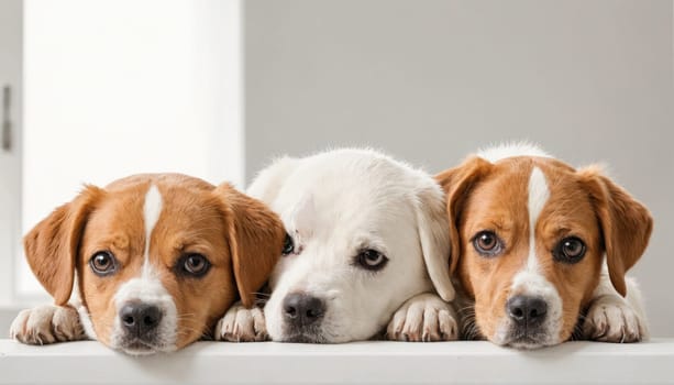 Three puppies are laying on a white surface and looking directly at the camera. The puppy on the left and right are brown with white markings and the puppy in the middle is white with brown markings.