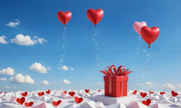 Heart-shaped balloons float in a blue sky with white clouds. A red gift with a red bow sits below on a white platform surrounded by smaller red hearts.