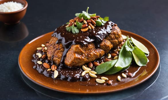 A close-up shot of a large piece of meat covered in a rich, dark sauce and topped with sliced almonds, cilantro, and a few leaves of fresh spinach.
