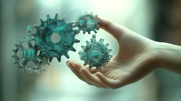 Businesswoman holds digital gears made of circuit boards, symbolizing digital transformation and technology integration in business