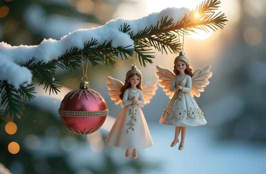 Colorful ornaments and angel figurines hang from a snow-covered pine branch, glistening in the sunlight that filters through the needles. The scene captures the enchanting beauty of winter decorations
