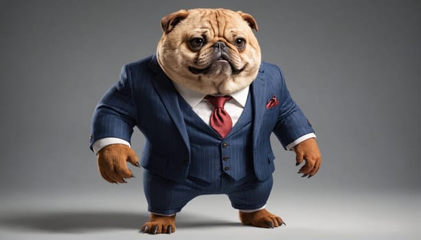 A pug, wearing a blue suit with a red tie, stands with its paws firmly planted on the ground. The pug has a serious expression on its face and its paws are slightly curled.
