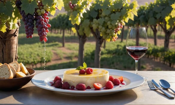 A white plate holds a dessert topped with raspberries, surrounded by a pool of red sauce. A glass of red wine sits on a wooden table next to the plate, with a fork and spoon lying beside it.