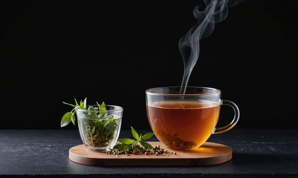 A clear glass mug of hot tea with steam rising sits on a wooden coaster. A glass bowl with fresh green leaves sits on the coaster. Loose leaf tea is scattered on the coaster.