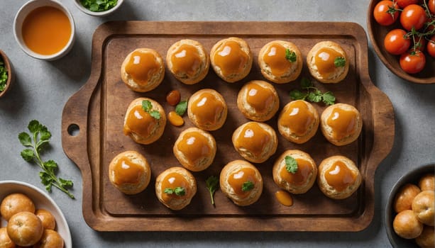 A wooden cutting board is filled with profiteroles, or cream puffs. Each puff is topped with a bright orange caramel sauce.