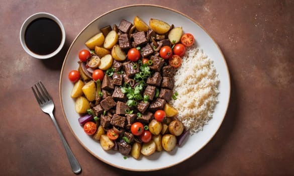 A white plate with a portion of beef, potatoes, tomatoes, and rice. A small bowl of soy sauce and a fork are on the table next to the plate.