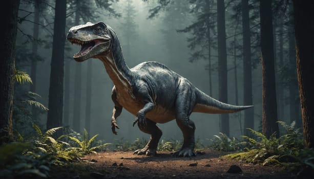 A large, grey dinosaur with long legs and a long tail stands in a dark, dense forest. The dinosaur is looking towards the left side of the image, its mouth open and its teeth visible.