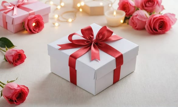 A white gift box with a red ribbon sits on a white table. There are pink roses and string lights scattered around the box.
