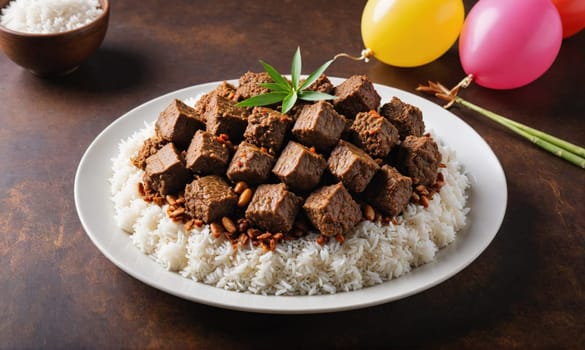 A white plate filled with fluffy white rice and topped with diced meat. The meat appears to be dark brown in color and seasoned with herbs and spices.