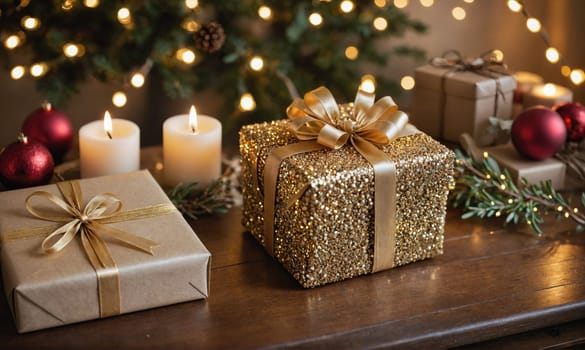 The image shows a beautifully wrapped gold gift box with a satin ribbon, sitting on a wooden table. There are other gifts, two burning candles, and a lit string of lights in the background.
