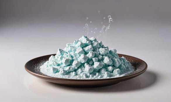 A pile of turquoise powder on a black plate with droplets of water splattering upward.