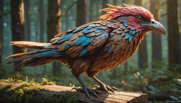 A bird with bright blue and brown feathers and a red crest sits on a log in a forest. The sun shines through the trees behind the bird, creating a warm glow.