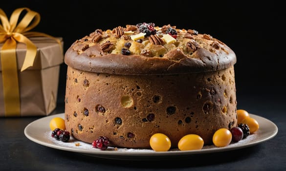 A round fruitcake is displayed on a gray plate with a brown gift box in the background. The fruitcake is covered in nuts and berries, and the plate is dusted with powdered sugar.