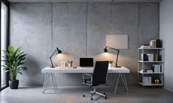 A white desk with two black desk lamps sits in front of a concrete wall. A black office chair with wheels is in front of the desk.