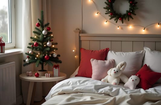 In a warm children's room, a petite Christmas tree adorned with vibrant ornaments and strings of lights sits atop a small table. Plush toys and festive cushions are arranged on the bed, creating a delightful holiday atmosphere
