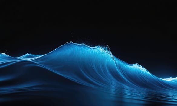 A wave, illuminated in bright blue, crests against a dark, nearly black backdrop.