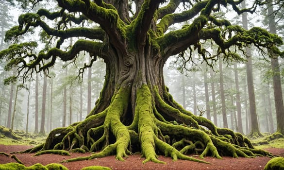 A large tree with a thick trunk and branches covered in moss stands in the middle of a forest. The tree's roots are visible, sprawling across the forest floor.