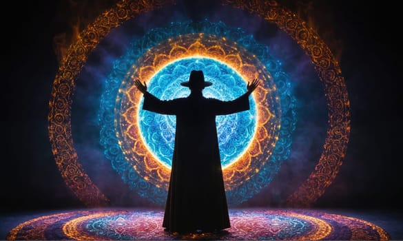 A person in a long robe and a hat is standing with their arms outstretched in front of a glowing portal.