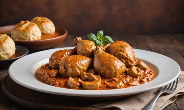 A white plate with a creamy chicken and mushroom stew, topped with fresh basil. The stew is served alongside a side dish of dumplings on a small brown plate.