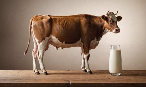 A brown and white cow stands on a wooden table, looking at a glass jar of milk. The cow has a long tail and is standing with its front legs slightly bent.