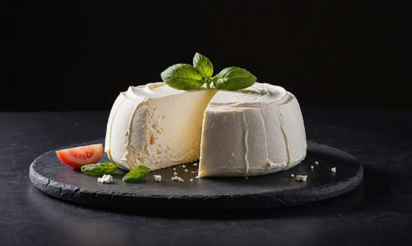 A round, white cheese, possibly a ricotta or a similar style, is partially cut and topped with fresh basil leaves.