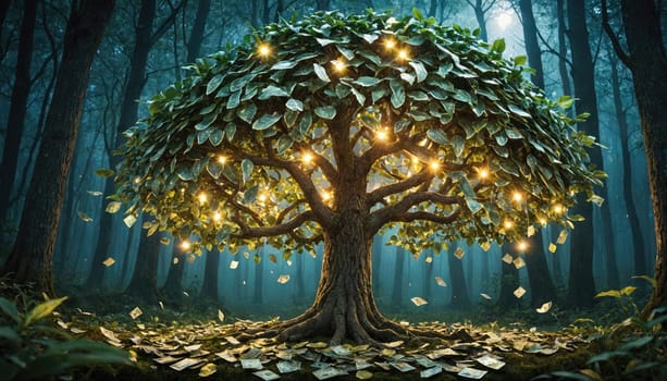 A large, glowing tree with thick branches and many leaves stands in a dark forest.