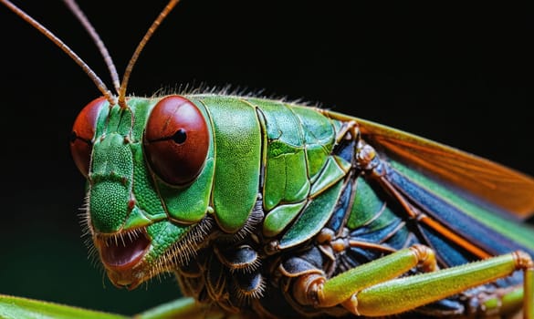 A vibrant green grasshopper with large, red eyes sits on a leaf. The grasshopper's head is tilted towards the camera, and its mouth is slightly open.