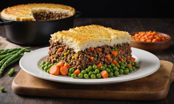A slice of shepherd's pie is on a white plate. The pie is topped with mashed potatoes and a golden crust. The plate is on a wooden cutting board.