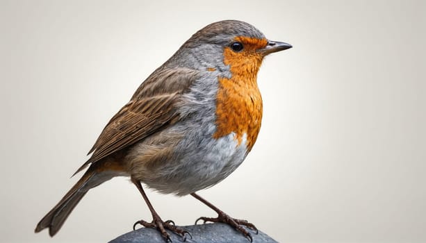 A small bird with a gray and brown back, an orange breast, and dark eyes stands on a rock. Its tail feathers are spread slightly, and it is looking to the right.