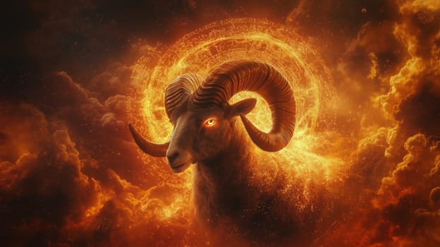 An ethereal ram with a radiant celestial crown emerges amidst glowing, fiery clouds, encapsulating an aura of divinity and mysticism. the celestial backdrop enhances the sense of wonder and cosmic energy, ideal for spiritual and artistic designs.