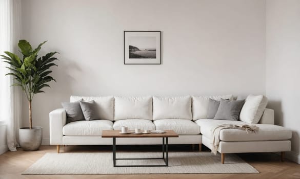 A living room with white walls and hardwood floors is decorated with a white sectional sofa and matching throw pillows, a wooden coffee table, and a potted plant.