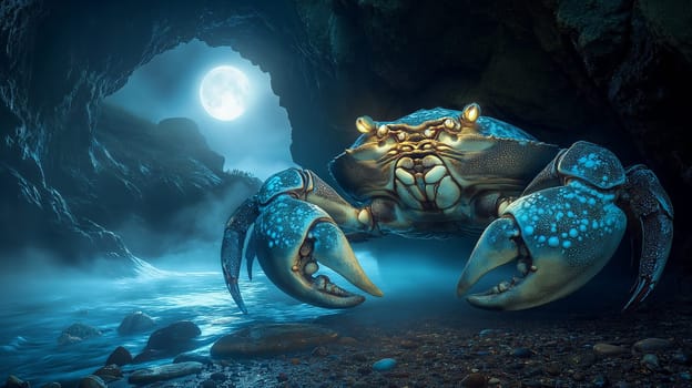 A captivating scene of a seaside cave illuminated by moonlight, featuring a striking crab on rocky terrain. the interplay of light and shadow creates a mysterious, tranquil atmosphere, ideal for nature-focused designs and coastal art.