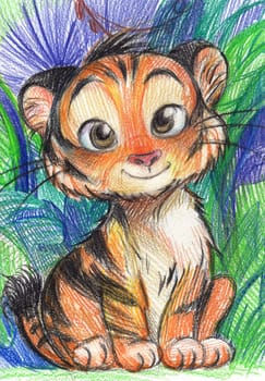 Pencil illustration of a lion cub in cartoon style for children isolated among bushes and leaves