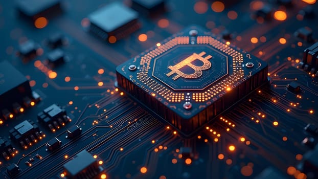 Bitcoin logotipe on microchip on pcb, generative ai. High quality photo